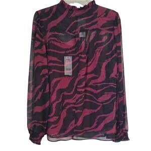 George Womens Burgundy Black Tiger Print Chiffon Ruffle Neck Blouse Size 14 NEW